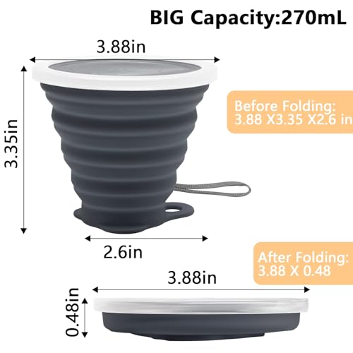 Litoexpe 4 Pack Silica gel Collapsible Travel Cup 270ml | Dark Gray & Pink & Navy Blue, with Lids, Portable Folding Camping Cup, for Camping and Travel - color: Dark Gray & Pink & Navy Blue &Teal