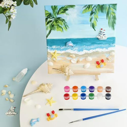 16 Pack 8x10 Inch Canvas and Easel Set, 16 Small Canvas for Painting with 16 Easels, 16 Acrylic Paint Set, 32 Paint Brushes, 16 Palletes, Painting Kits for Adults Beginners Party