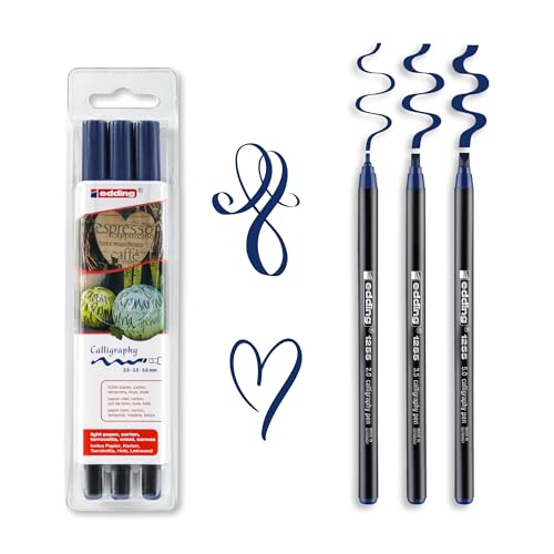 edding 1255 calligraphy pen - steelblue - 3 pens - calligraphy nib 2-5 mm - fibre pens for paper, wood, terracotta, canvas - hand lettering, bullet journals, thank you cards, calligraphy books - color: steel blue