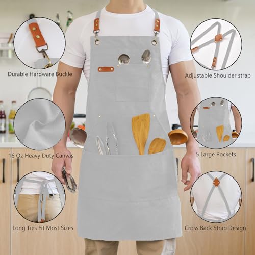 Aoomzoon Canvas Aprons for Men Chef Apron, Work Apron with Large Pockets - 16oz Heavy Duty Cross Back, BBQ, Cooking - color: White
