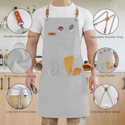 Aoomzoon Canvas Aprons for Men Chef Apron, Work Apron with Large Pockets - 16oz Heavy Duty Cross Back, BBQ, Cooking - color: White