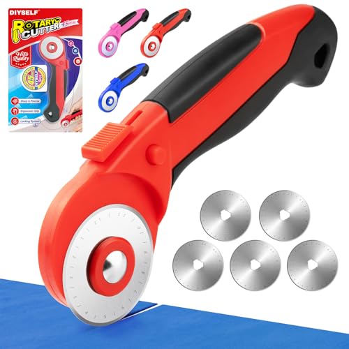 DIYSELF Fabric Rotary Cutter, 45mm Rolling Cutter for Sewing with 5 Blades | Quick Blade Change, Wheel Cutter Sewing Tool for Fabric and Leather, Fabric Cutter Rotary Tool for Quilting and Crafts - color: Red