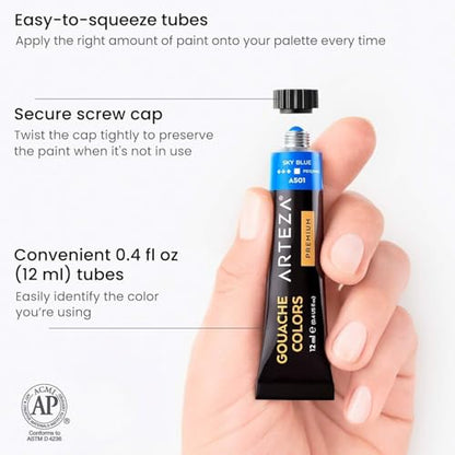 ARTEZA Gouache Paint, Set of 24, 12ml/0.4 US fl oz Gouache Paint Tubes, Gouache Set for Adults and Students