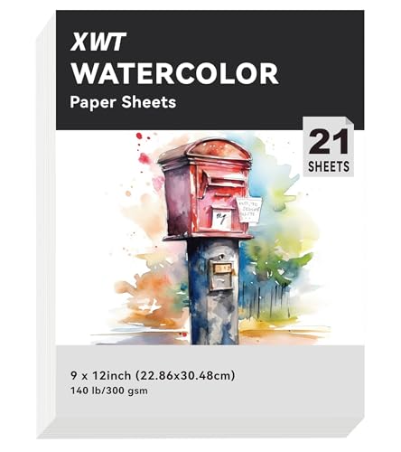 XWT 21 Sheets 9"x12" Watercolor Paper, 140lb/300gsm | Cold Pressed Acid Free Natural White Textured Water Color Painting Art Supplies, Drawing Gift for Professional Adult Artists - size: 9x12in 21 Sheets