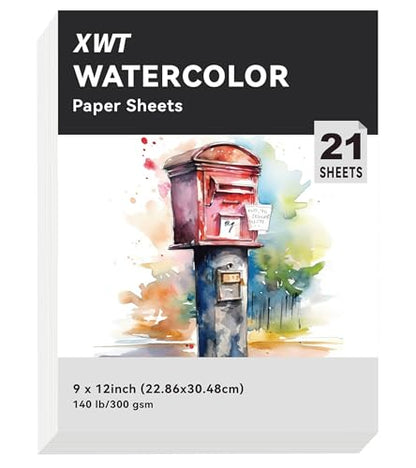 XWT 21 Sheets 9"x12" Watercolor Paper, 140lb/300gsm - size: 9x12in 21 Sheets