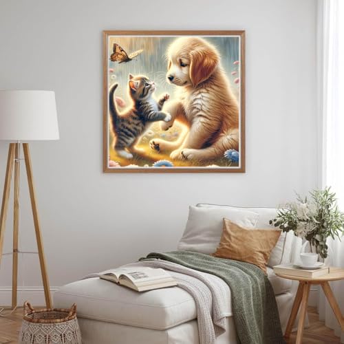 Puppy Diamond Art Kits for Adults, 5D Kitten Diamond Painting Kits for Adults, DIY Gem Painting, Crafts for Adults, Dimond Art Paintings Kit, Full Drill Diamond Dot for Home Wall Decor 12X12 Inch - color: The puppy and the kitten