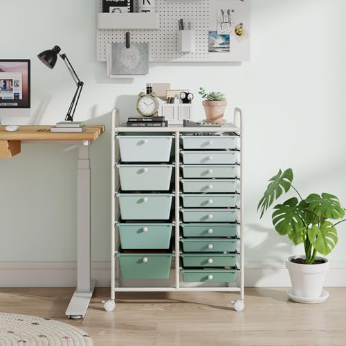 GOFLAME 15-Drawer Rolling Storage Cart, Craft Storage Cart with Removable Drawers & Lockable Wheels, Art Cart Supply Storage Organizer for Home Office Classroom, Green Gradient - color: Green Gradient, size: 15 drawer-25"x14.5"x34.5"