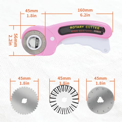 Rotary Cutter with 8Pcs Extra Blades, Ergonomic Rolling Cutter | 45mm Cutter with Safety Lock, Suitable for Leather, Crafting, Sewing, and Quilting Fabric (Pink)