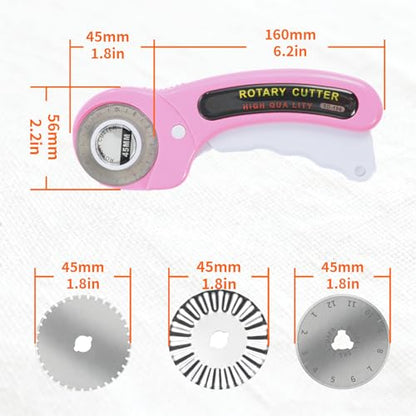 Rotary Cutter with 8Pcs Extra Blades, Ergonomic Rolling Cutter | 45mm Cutter with Safety Lock, Suitable for Leather, Crafting, Sewing, and Quilting Fabric (Pink)