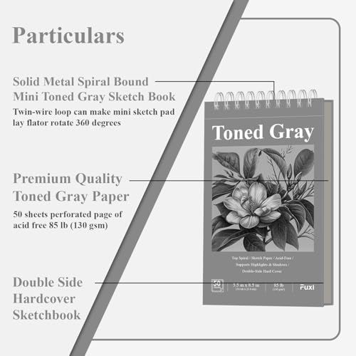 Fuxi Toned Gray Sketchbook, 2-Pack - 5.5" x 8.5", | 85lb/130gsm Charcoal Drawing Paper, 50 Sheets Per Pad. - color: Toned Gray
