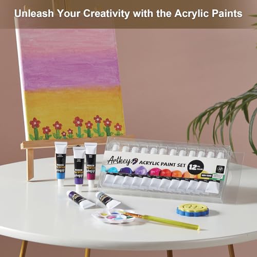 Artkey Acrylic Paint Set - 12 Vibrant Colors (12 ml/0.4 oz) Tubes, Rich & Professional Grade Pigments, Acrylic Paints for Canvas Wood Rock Clay Fabric Ceramics Art Crafts Painting - Art Supplies