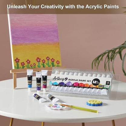 Artkey Acrylic Paint Set - 12 Vibrant Colors (12 ml/0.4 oz) Tubes, Rich & Professional Grade Pigments, Acrylic Paints for Canvas Wood Rock Clay Fabric Ceramics Art Crafts Painting - Art Supplies