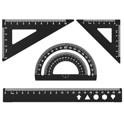 MSDADA Triangle Ruler, Protractor, Square and Ruler Set, 4 Pieces Aluminum Alloy Ruler, Metal Drafting Ruler Kit, Geometric Protractor for Student, School, Home, Office (Black, 20cm/7.87inch) - color: Black, size: 20cm