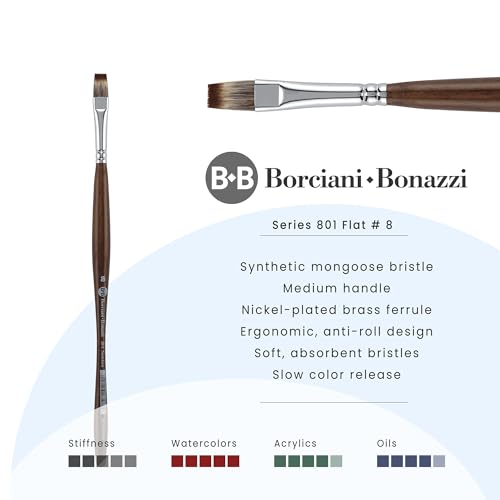 Borciani e Bonazzi Unico Synthetic Mongoose Artist Paint Brush - Series 801 Flat - Size #8 - Watercolors, Oil & Acrylic Paint - Handcrafted in Italy, Anti-Roll Design, Ergonomic Medium Handle - size: 8