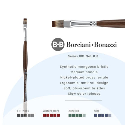 Borciani e Bonazzi Unico Synthetic Mongoose Artist Paint Brush - Series 801 Flat - Size #8 - Watercolors, Oil & Acrylic Paint - Handcrafted in Italy, Anti-Roll Design, Ergonomic Medium Handle - size: 8