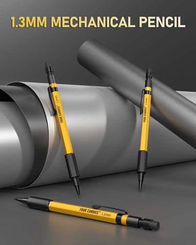 Four Candies 3PCS 1.3mm Metal Mechanical Pencil Set with Case (Yellow) | 72 Refills (Red,Black,Yellow), 3 Erasers, 16 Eraser Refills, Weatherproof Body for Construction Outdoor Woodworking Marking - size: 3-Pack, style: Yellow