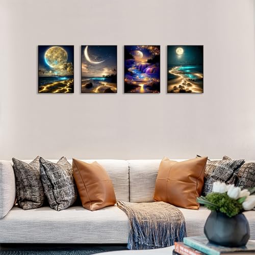 Muzagroo Art Moon Diamond Painting Kits for Adults 5D Diamond Art Kits for Beginners DIY Diamond Arts and Crafts for Living Room Diamond dots Kits Kids Room 4 PCS Wall Art(Moon) - color: 11-Moon