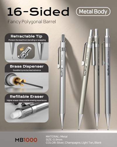 Nicpro 4 Pack Metal Mechanical Pencil Set 0.9mm, MB1000 Lead Drafting Pencil 0.9 mm with 6 Tube HB #2 Lead Refill, 3PCS 4B Eraser, 9 Cap Eraser for Artist Writing, Sketching, Drawing- Come with Case | 6 Tube HB #2 Lead Refill, 3PCS 4B Eraser, 9 Cap Eraser