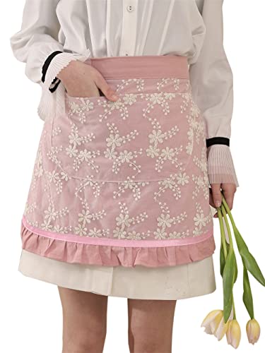 Unisex Chef Aprons White Retro Cotton Maid Short 2 Pockets Waist Waiter Waitress Half Apron - color: Pink-embroidered