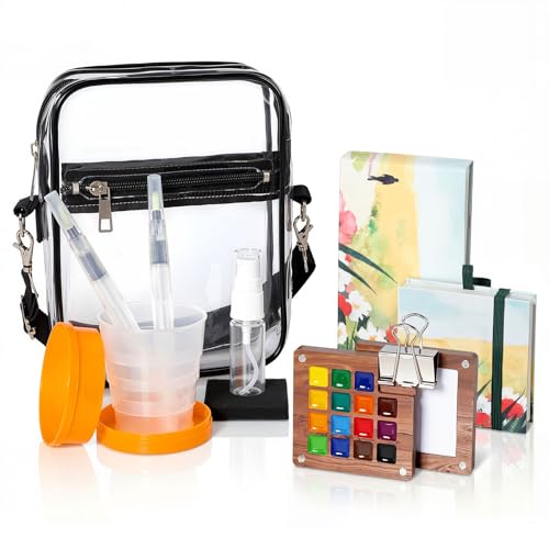Travel Watercolor Set, 15 Color Portable Watercolor Paint Set | Storage Bag 2 Pcs Watercolor Journal Metal Clip Paint Collapsible Water Cup Water Brush Art Gift for Birthday Festival