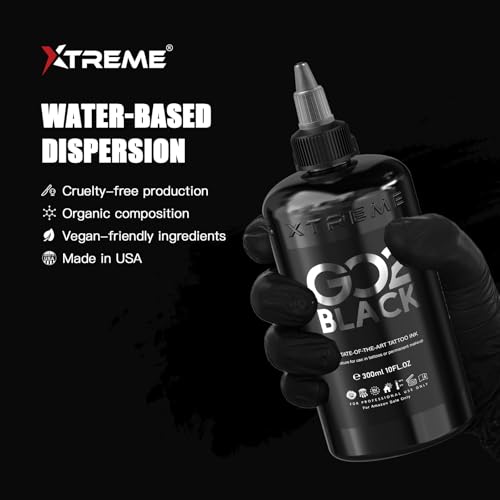 Xtreme GO2 Black Tattoo Ink 10oz – Professional Tattoo Ink for Bold Fillings & Shading, Long-Lasting Vivid Color, Highly Concentrated & Fade-Resistant, Smooth Application, Vegan Tattoo Ink