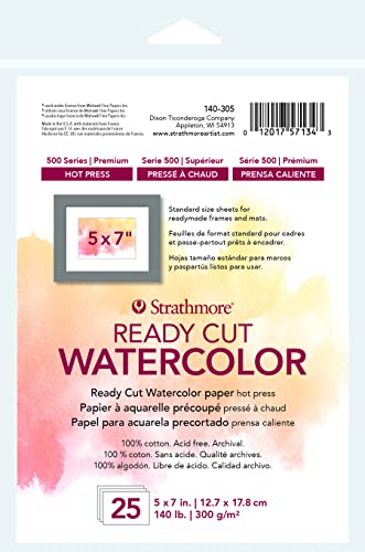 Strathmore 140-305 500 Series Ready Cut Watercolor Paper, 140 lb. Hot Press, 5"x7", 25 Sheets, Multicolor - color: Ready Cut, Hot Press, size: 5x7