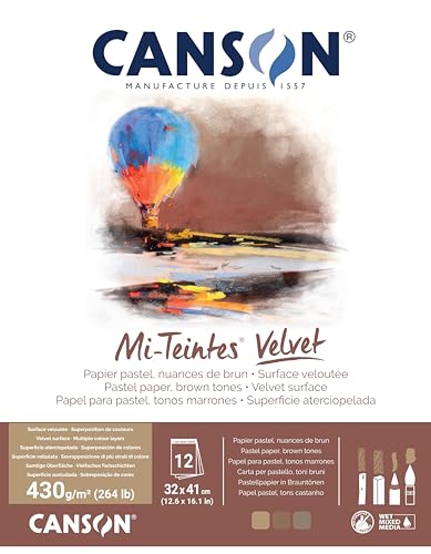 Canson Mi-Teintes Velvet Drawing Paper Pad, Brown Tones, Assorted Colors, Glue Binding, (260lb/430g), 12 Sheet, 12.6x16.1 inch, 1 Count - color: Brown Tones, size: 32x41cm