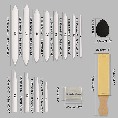 HIFORNY 38 PCS Sketch Drawing Tools - Blending Stumps and Tortillions Set Blending Tools with Art Sketch Wipe Scrapers,Rub Sponge,Kneaded Eraser and Sandpaper Sharpeners