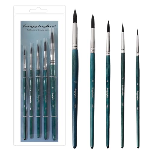 Longyinzhai Synthetic Squirrel Hair 5 Round Tip Professional Brush Set, Watercolor Acrylic Gouache Painting Supplies