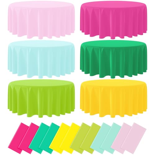 12 Pack Hawaiian Plastic Tablecloth for Round Tables, Pink Green Yellow Tropical Disposable Table Cover, Luau Round Table Cloth for Summer Flamingo Birthday Picnic Party Supplies Decorations - color: Rose Red Yellow Pink Green(round)