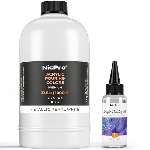 Nicpro White Metallic Pearl Color Acrylic Pour Paint, 33.8oz Pre-Mixed | Pouring Paint Supplies with Silicone Pour Oil, Gloves for Canvas,Rock,Wood Cell Creation Flow DIY Art Painting, Ready to Pour - color: 33.8oz-metallic white