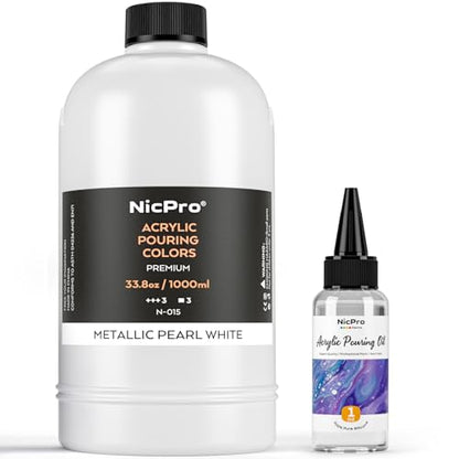 Nicpro White Metallic Pearl Color Acrylic Pour Paint, 33.8oz Pre-Mixed | Pouring Paint Supplies with Silicone Pour Oil, Gloves for Canvas,Rock,Wood Cell Creation Flow DIY Art Painting, Ready to Pour - color: 33.8oz-metallic white