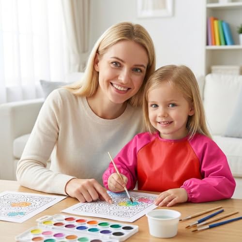 Kids Art Smocks,Colorful Toddler Painting Apron Waterproof Artist Smock with Long Sleeve and 3 Pockets for Kids 3-7 - color: Red
