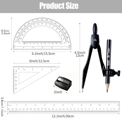 Plastic Geometry Math Set,12 Inch Ruler,Compass,Pencil,Protractor Square | Sharpener Set for Student School Office