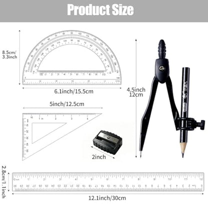 Plastic Geometry Math Set,12 Inch Ruler,Compass,Pencil,Protractor Square | Sharpener Set for Student School Office
