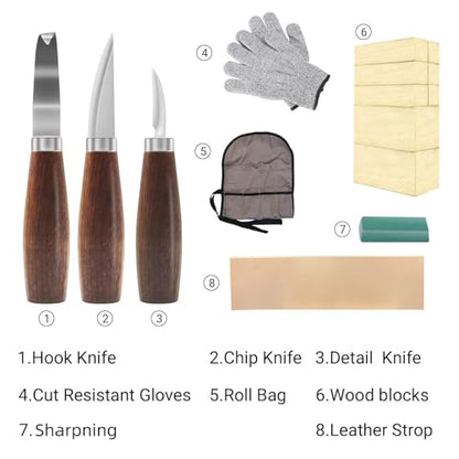 Cor cordium Wood Whittling Kit with Basswood Blocks Sets for Adults and Beginners,Carving Set Includes 3pcs Widdling Knife & 8pcs Blocks & Gloves,Gifts for Christmas,Fathers Day,Mothers Day