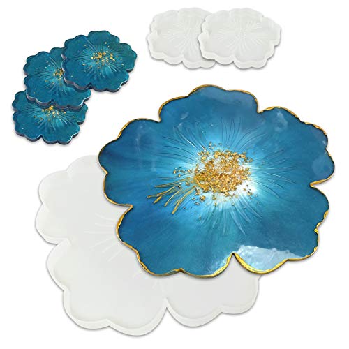 Flower Silicone Resin Moulds 6pcs - 1pc Large Resin Tray Moulds and 5pcs Coaster Moulds 3D Design for DIY Epoxy Resin Casting Craft, Home Decoration