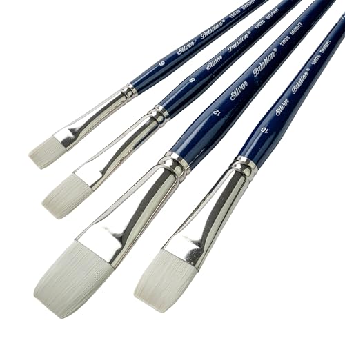 Silver Brush Limited Bristlon Short Handle Brights Oil Paintbrush Set, 4pc | Sizes 6, 8, 10, 12, Stiff Fine Point Synthetic Bristle, Lightly Textured Strokes, Color Blocking, Abstract Design, Cityscapes - color: Short Handle Brights, size: 4 count