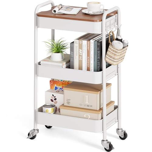 TOOLF 3 Tier Rolling Cart, Metal Utility Storage Cart with Wheels, White | Wooden Tabletop, 3 Hooks, Screwless Assembly, Lockable Wheels, Organizer for Bathroom, Kitchen, Office, Dorm, Craft Room - color: White