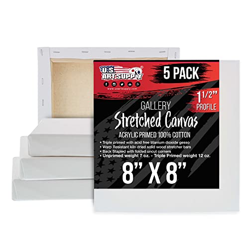 U.S. Art Supply 8"x8" Stretched Canvas for Painting, Gallery Depth 5-Pack - size: 8" x 8"