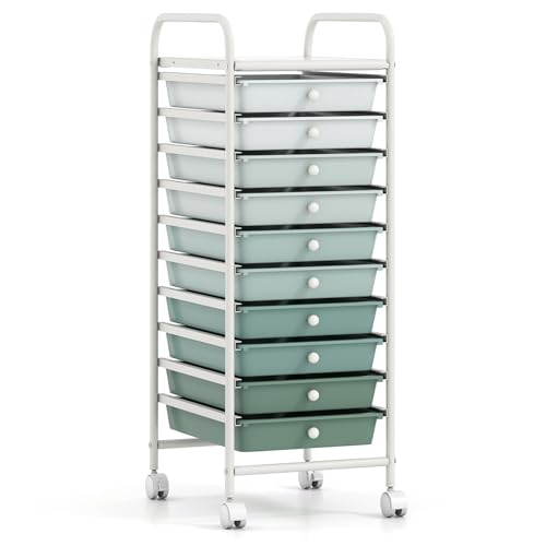 RELAX4LIFE Craft Organizers and Storage Cart - Rolling Cart with 10 Drawers, Lockable Casters for Tools, Mobile Art Craft Organizers, Utility Cart for School Home Office, Craft Cart (Gradient Green) - color: Gradient Green, size: 34''H