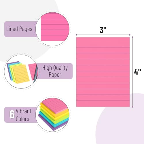 Mr. Pen- Lined Sticky Notes, 3" x 4", 6 Pads, 60 Sheets/Pad | Sticky Notes with Lines, Ruled Post Stickies, Memo Pads, Self-Stick Note Pad for Office, School, Home, Study - color: Vibrant, size: 3 x 4 inches, 6 Pads