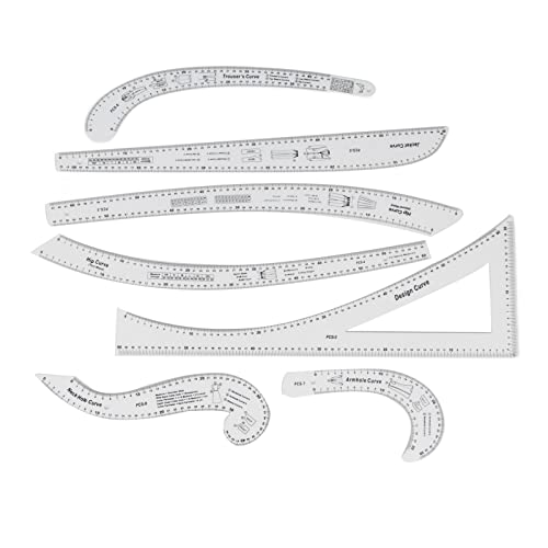 7Pcs Fashion Clear Metric Sewing Ruler Set, French Curve Pattern Ruler Kit for Beginners, Tailors, and Designers, Fashion Design Dress Makers Ruler, Clear Sewing Tailors Pattern Making Ruler