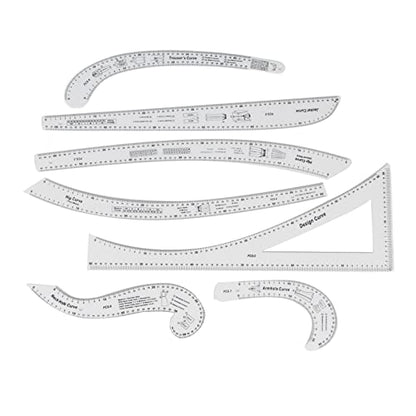 7Pcs Fashion Clear Metric Sewing Ruler Set, French Curve Pattern Ruler Kit for Beginners, Tailors, and Designers, Fashion Design Dress Makers Ruler, Clear Sewing Tailors Pattern Making Ruler