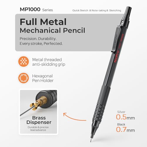 Nicpro 4 PCS Metal Mechanical Pencil Set 0.5 mm & 0.7mm with Case | Artist Pencil MP1000 with 6 Tubes HB Lead Refill, 3 Eraser, 9 Eraser Refill For Art Writing Drafting Drawing,Black & Silver - color: Black + Silver (4 Pack)