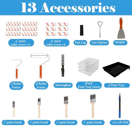 Paint Roller Kit with Extension Pole, 2-4FT Adjustable Pole, Professional 27-Piece Paint Kit, 4"9" Paint Rollers, Paint Brushes for Walls, Works with All Latex, Oil-Based Paints and Wood Finishes - color: Orange