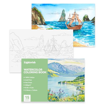 Lightwish Watercolor Coloring Book for Adults & Beginners,100% Cotton 300gsm/140lb Acid-Free Hot Press Paper, 8.3 x 5.6 Inches,15 Sheets,Landscape-Themed - color: Landscape-Themed