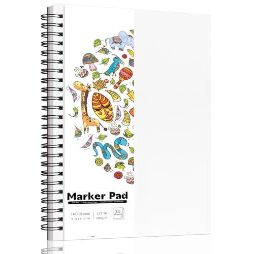 5.5 × 8.5 Inch Marker Paper Pad, 30 Sheets, 200gsm, Double-Sided | Bleedproof Acid-Free Paper, Smooth Surface, Spiral Bound, Tear-Off Pages, Works with Alcohol Markers, Pens & Acrylics - size: 5.5×8.5 Inch (1 Pack)