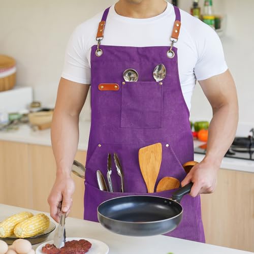Aoomzoon Canvas Aprons for Men Chef Apron, Work Apron with Large Pockets - 16oz Heavy Duty Cross Back, BBQ, Cooking - color: Purple