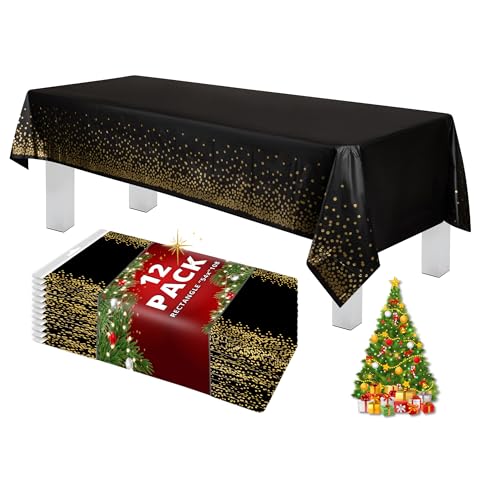 Grandipity Gold Dot on Black 12 Pack Premium Disposable Plastic Tablecloth 54 Inch x 108 Inch. Decorative Rectangle Table Cover - color: Gold Confetti Black, size: 54" x 108" - 12 Pack